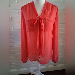 Women's Sheer Coral Blouse with Bow Tie